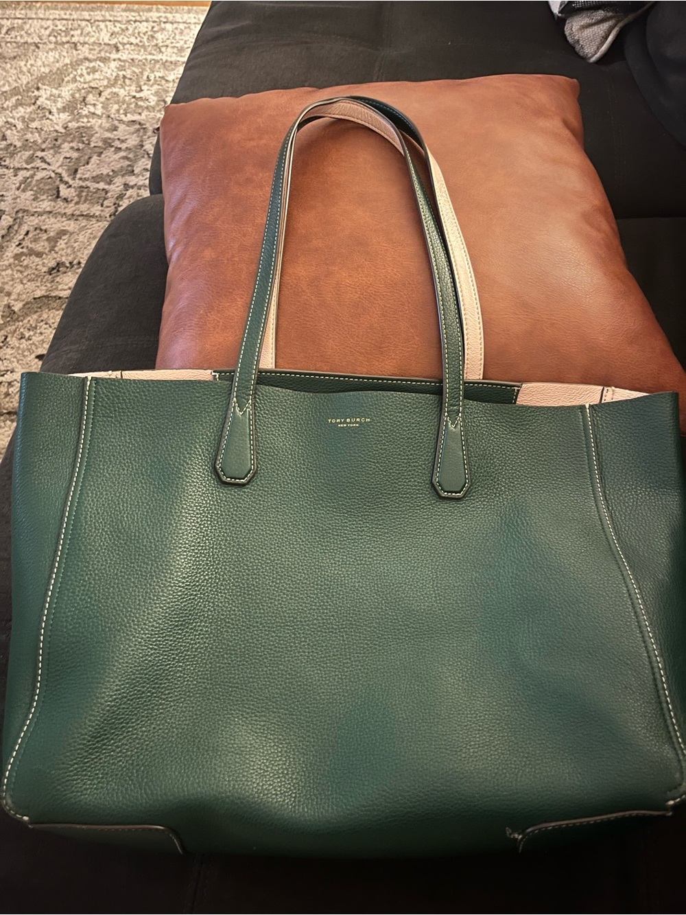 Tory Burch Dark Green Pebbled Leather Tote with Cream Trim
